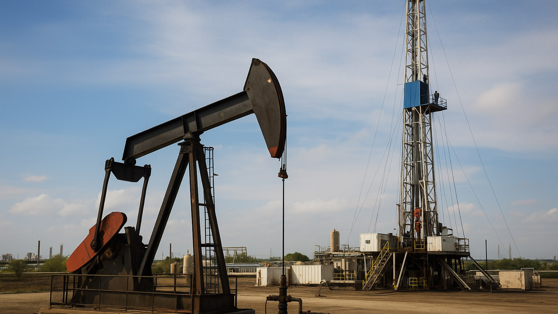Oilfield pumpjack beside drilling rig during production operations