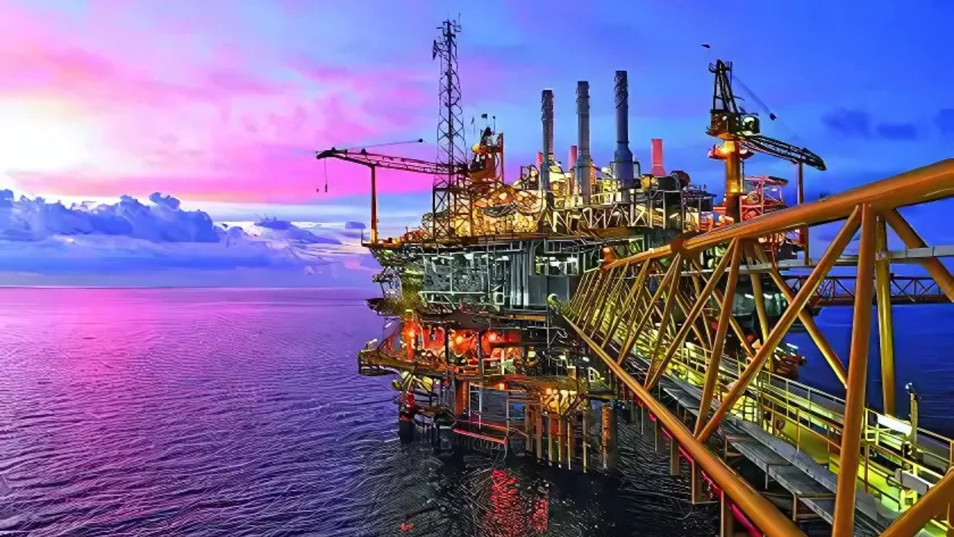Offshore oil platform illuminated during sunset with industrial structures over the ocean