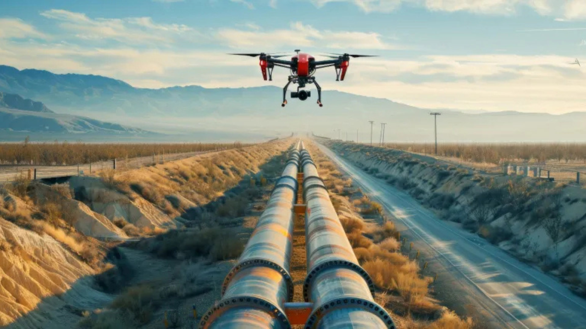 Drone flying over long pipeline corridor in desert landscape