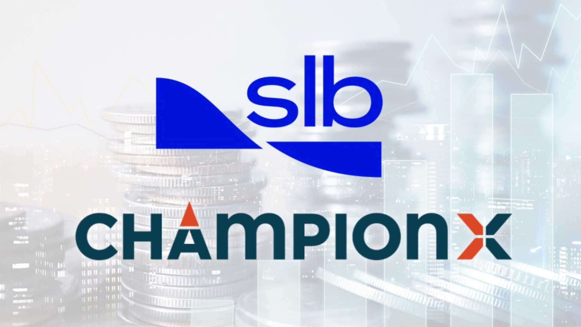 SLB and ChampionX logos displayed over digital financial backdrop