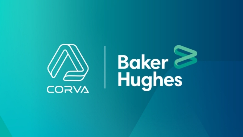 Baker Hughes and Corva logos displayed on a digital partnership graphic