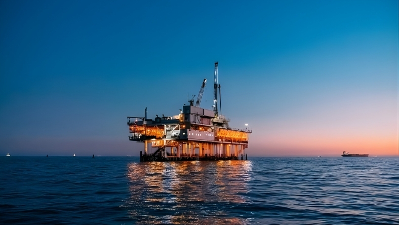 Offshore oil platform operating at sea during evening light