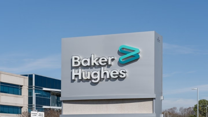 Baker Hughes sign outside a modern energy technology facility