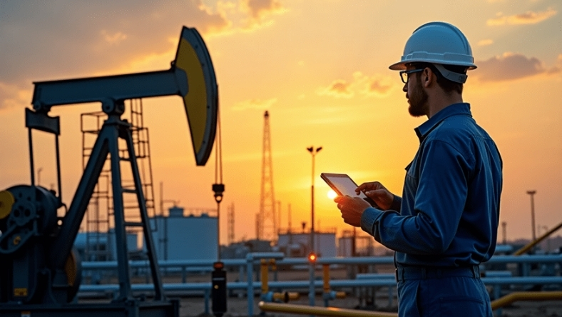 Field engineer reviewing digital data beside a pumpjack at an oil production site