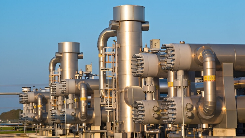 Industrial oil and gas facility with processing equipment and steel pipelines