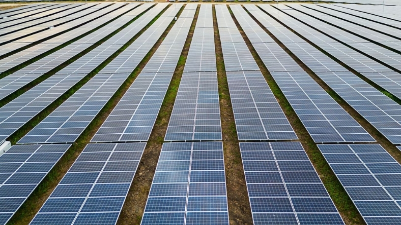 Rows of solar panels arranged across a large ground-mounted solar farm