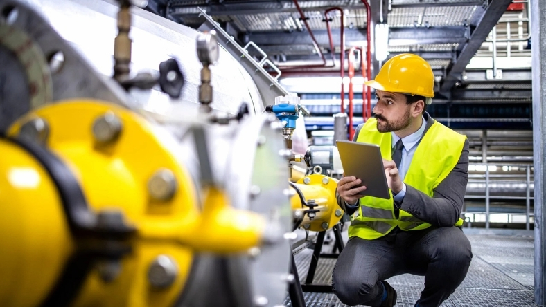 Engineer inspecting industrial oilfield equipment with tablet