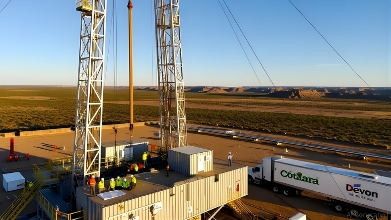 Onshore drilling rig with Devon and Coterra branding