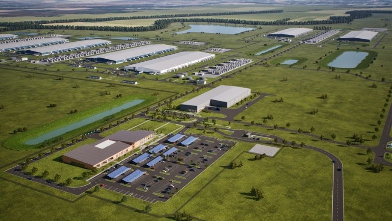 Aerial rendering of large-scale 1GW AI data campus